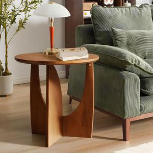 Round End Table, Solid Rubberwood Small Coffee Tables for Living Room, Mid Century Modern End Table for Bedroom, Walnut Color, 19.7''D x 19.7''H