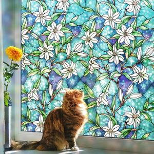 Coavas Decorative Window Privacy Film, Heat Control Sun Blocking Stained Glass Window Film, Floral Design Static Cling, Non Adhesive Windows Tint for Bathroom Front Door(Vinyl, 17.5" x 118.1 ") (Green)