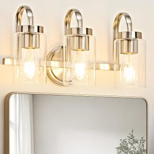 3 Light Bathroom Vanity Light, Brushed Nickel Vanity Lights for Bathroom, Modern Light Fixtures Over Mirror with Clear Glass Shade, Wall Sconce Lighting for Bedroom Living Room Hallway