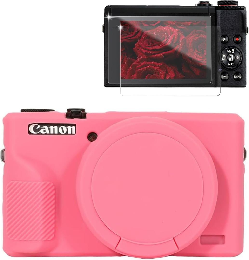Case for Canon G7X Mark III Camera, Soft Silicone Protective Case, Slim Fit Sleeve with Removable Lens Cover and Screen Protector Accessories, Lightweight, Anti-Scratch (Rose Red)