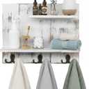 MyGift 2 Tier Wall Mounted Shabby White Washed Solid Wood Bathroom Storage Shelves, Decorative Entryway Floating Shelf Rack with 6 Hooks for Hanging Towels