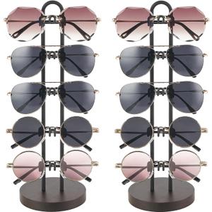 Mkono Sunglasses Organizer Glasses Holder Stand Sunglass Storage Eyeglasses Rack Metal Frame with Wood Base for 5 Pairs of Eyewear Display for Table Desk Countertop Dresser Bedroom, Set of 2, Black