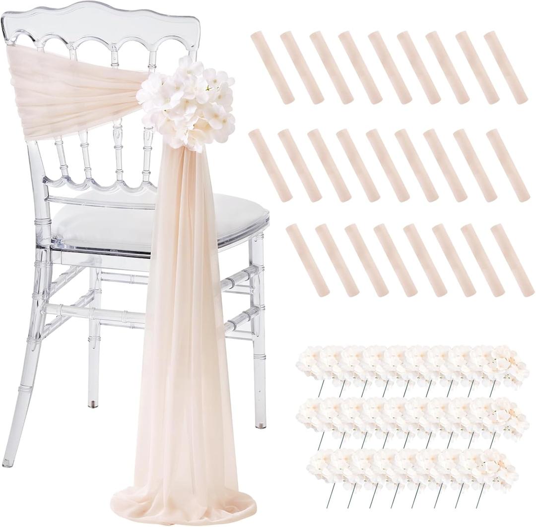 SoarDream Champagne Wedding Chair Sashes, 26 Pack Sheer Tulle with Artificial Hydrangea Accents for Ceremony, Reception & Banquet Home Chair Decorations