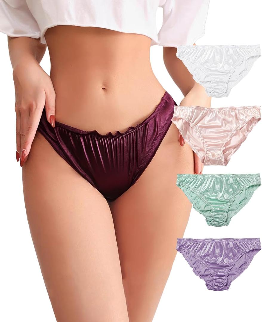 Satin Bikini Panties for Women, Frill Trim Ruched Cheeky Underwear, Low Rise Shiny Panties Silky Bikini Briefs (Small, Pink)