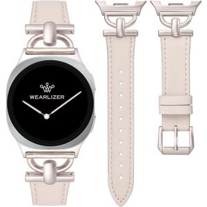 Wearlizer Leather Bands Compatible with Samsung Galaxy Watch 8 Band 40mm 44mm/Watch 8 Classic 46mm, Dressy Designer Slim Leather Strap Wristband Accessories with D-Shape Metal Buckle for Women (Starlight/Starlight)