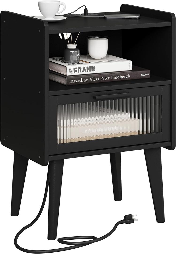 MMEOLUOOK Nightstand with Charging Station, Bedside Tables, End Table Side Table with 2 Tiers Storage Space, for Bedroom, Living Room, Black CAMLBZ07BE, 15 inches x 11.8 inches x 23.3 inches