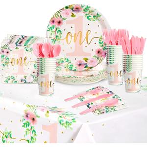 BLUE PANDA 145-Piece Floral Baby Girl's 1st Birthday Party Supplies & Decorations - Little Miss Onederful Party Set with Dinnerware & Tablecloth (Serves 24)