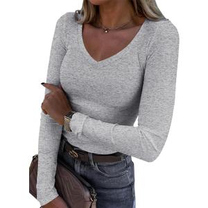 Roselux Womens Long Sleeve V Neck Ribbed Knit Fitted Casual Tops Tee Slim Basic Shirt (Small, Grey)