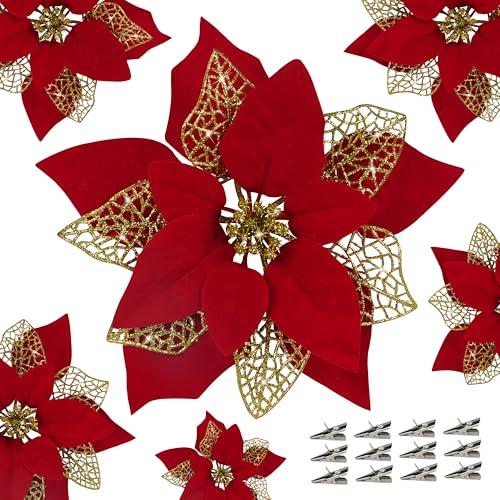 12 PCS Poinsettia Flower Artificial Poinsettia Christmas Decoration 8.7'' Red Glitter Poinsettias Christmas Ornaments Christmas Tree Flower Decor with Clips DIY Xmas Wreath Holiday Home Party Decor