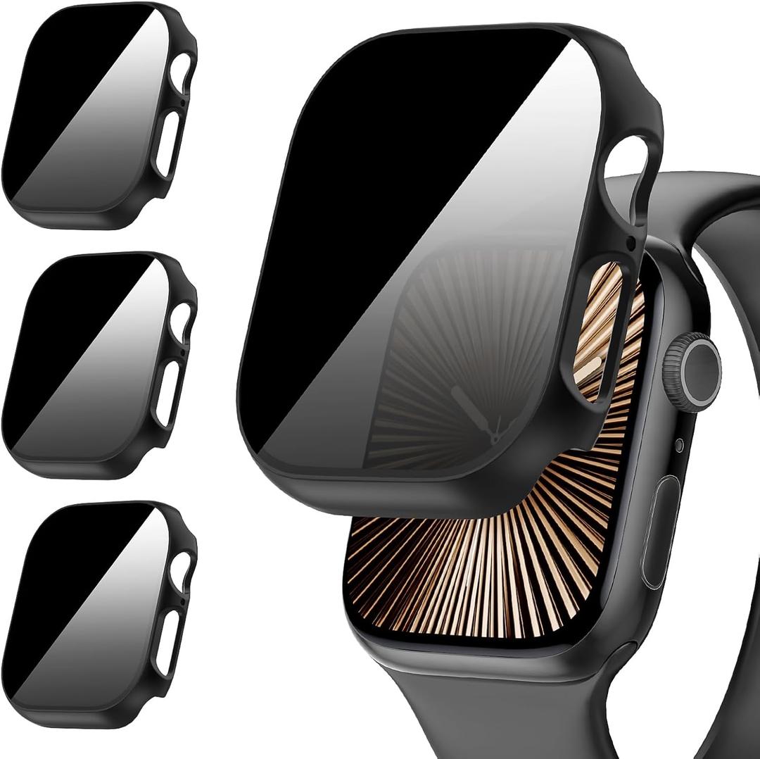 Suoman 3-Pack for Apple Watch Series 10 42mm Case, [Anti-Peeping] Ultra-Thin Tempered Glass Privacy Screen Protector, All-Round Durable Hard PC Glossy Protective Cover (Black+Black+Black)
