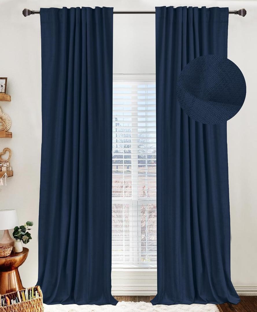 100% Blackout Shield Linen Blackout Curtains for Bedroom 108 Inches Long, Back Tab/Rod Pocket Living Room Drapes, Thermal Insulated Blackout Curtains 2 Panels Set, 50" W x 108" L, Midnight Blue