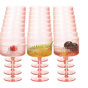 Jingmore Ribbed Martini Glasses 10 oz Disposable Plastic Vintage Ribbed Coupe Glasses with Gold Rim Cocktail Unbreakable Dessert Parfait Glassware for Wedding Party Supplies(Pink,24 Pcs)