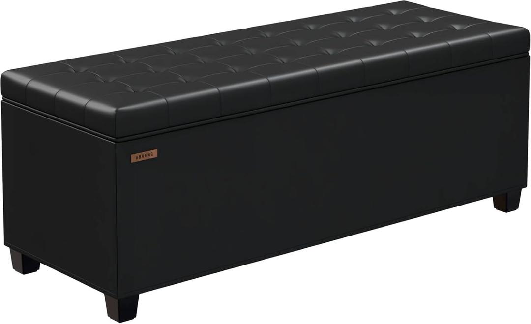 ABHENG Synthetic leather Storage ottoman bench with legs,43.5W x 15.7D x 15.7H,metal frame end of bed bench hold up to 770 LB,Large Storage Chest hold up to 770 LB,Black UASND622B