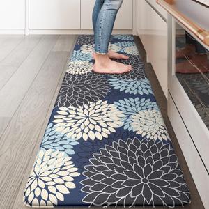KIMODE Anti Fatigue Kitchen Mat, Cushioned Floral Kitchen Runner, Non Slip Memory Foam Kitchen Mat for Floor, Waterproof Standing Desk Mat for Laundry, Office, Sink Mutil-Blue 17.3"x59"
