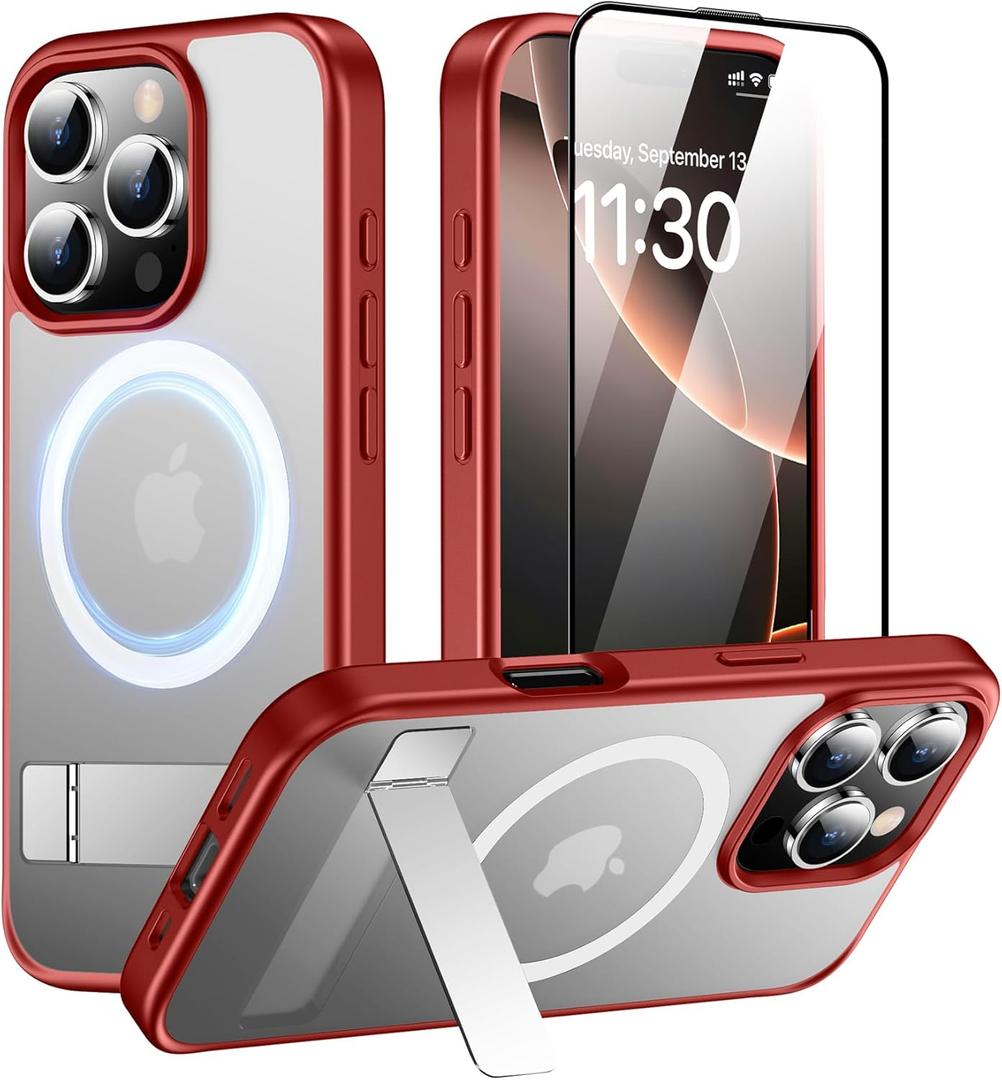 SPIDERCASE Magnetic for iPhone 16 Pro Case, with 2 Pcs [Tempered Glass Screen Protector] [ Military Grade Drop Protection] Invisible Kickstand Slim Case for iPhone 16 Pro 6.3", Red