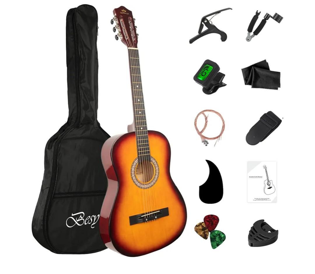 38in Beginner Acoustic Guitar Basic Starter Kit Tuner Bag Capo Strings Winders Strap Picks Student Kids Guitar Pickguard with Gig Bag, Sunset