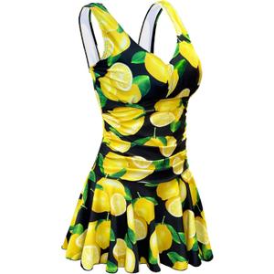 AONTUS Plus Size Vintage One Piece Swimsuits with Tummy Control Boy Shorts for Women Retro Swimwear Removable Soft Padding (22-24, Rich-lemon Fruit)