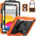 SEYMAC for iPad (A16) 11th/10th Generation Case 2025/2022 (11/10.9), Sturdy Heavy Duty Full-Body Shockproof Protective Case with Screen Protector, Rotating Stand, Hand/Shoulder Strap, Black/Orange
