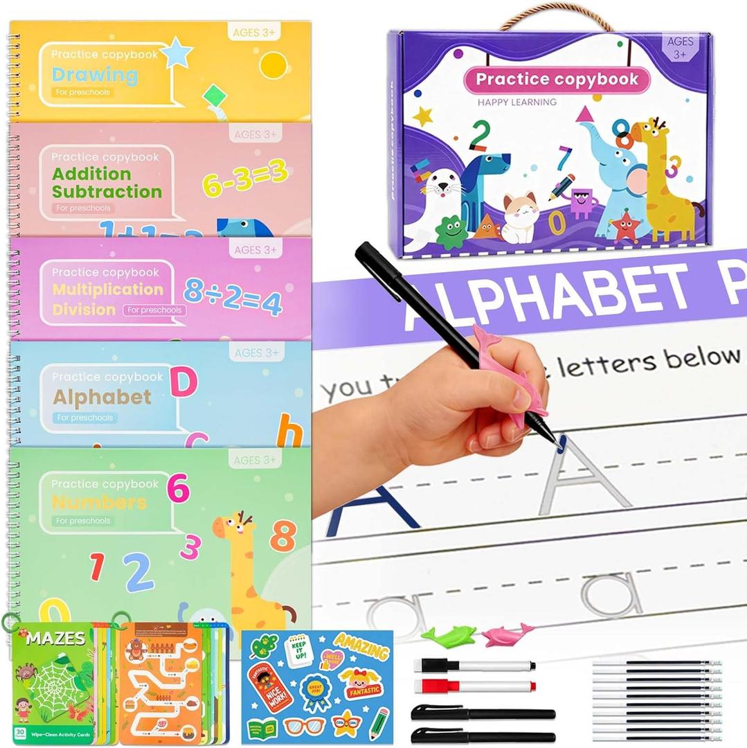 Magic Grooved Writing Practice for Kids Ages 3–8, Reusable Handwriting Workbooks with Deep Tracing Grooves and Preschool Learning Activities, Perfect Educational Gift