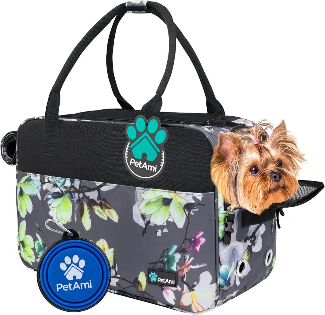 PetAmi Dog Purse Carrier for Small Dogs, Airline Approved Soft Sided Pet Carrier with Pockets, Ventilated Dog Carrying Bag for Puppy Cat, Dog Travel Supplies Bag, Sherpa Bed, Max 12 lbs, Floral Gray (One Size (Pack of 1))