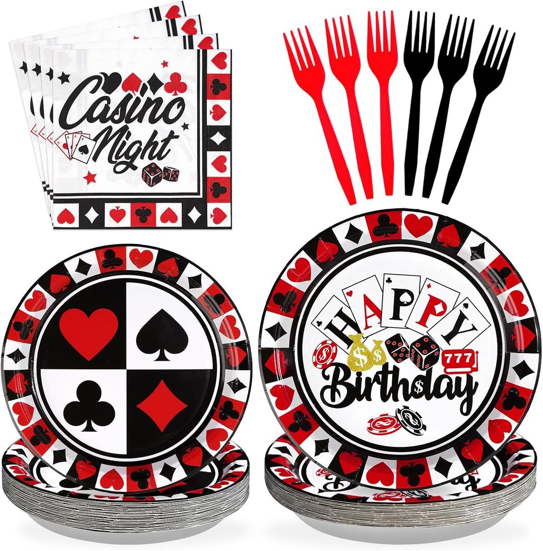 Grencian 96Pcs Casino Party Decorations Poker Plates and Napkins Disposable Red Black Casino Birthday Paper Tableware Set for Las Vegas Night Poker Club Birthday Party Supplies, Serves 24