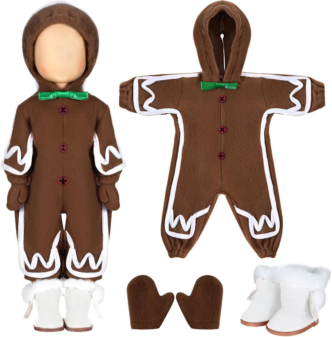 Fourluoo 1 Sets Christmas Doll Clothes 18 Inch Gingerbread Man for 18 Inch Doll Costume Outfits Accessories Xmas Gifts(Coffee)