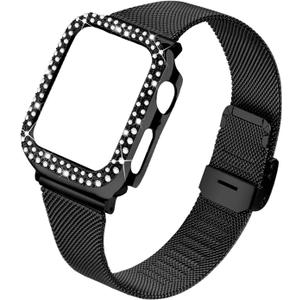 JOYOZY Stainless Steel Mesh bands Compatible For Apple Watch 40mm, Women Bling Protective Crystal Diamond Case with Loop Mesh Strap For Apple Watch Series 6/5/4/SE (No Tool Needed) (Black, 40MM)
