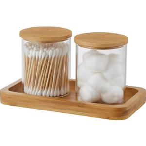 Glass Qtip Holder with Vanity Tray, Apothecary Jars Bathroom Accessories Bathroom Canisters Organizer Countertop Q Tip Holder for Cotton Ball Round Swab Pad Hair Ties Floss Perfume Jewelry
