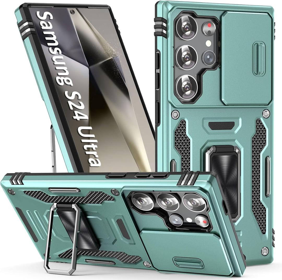 Heavy Duty Case for S24Ultra with Camera Cover,Alpine Green | Rotated Ring Kickstand, Dual-Layer, Shockproof, Military-Grade Protection, for Samsung Galaxy S24 Ultra