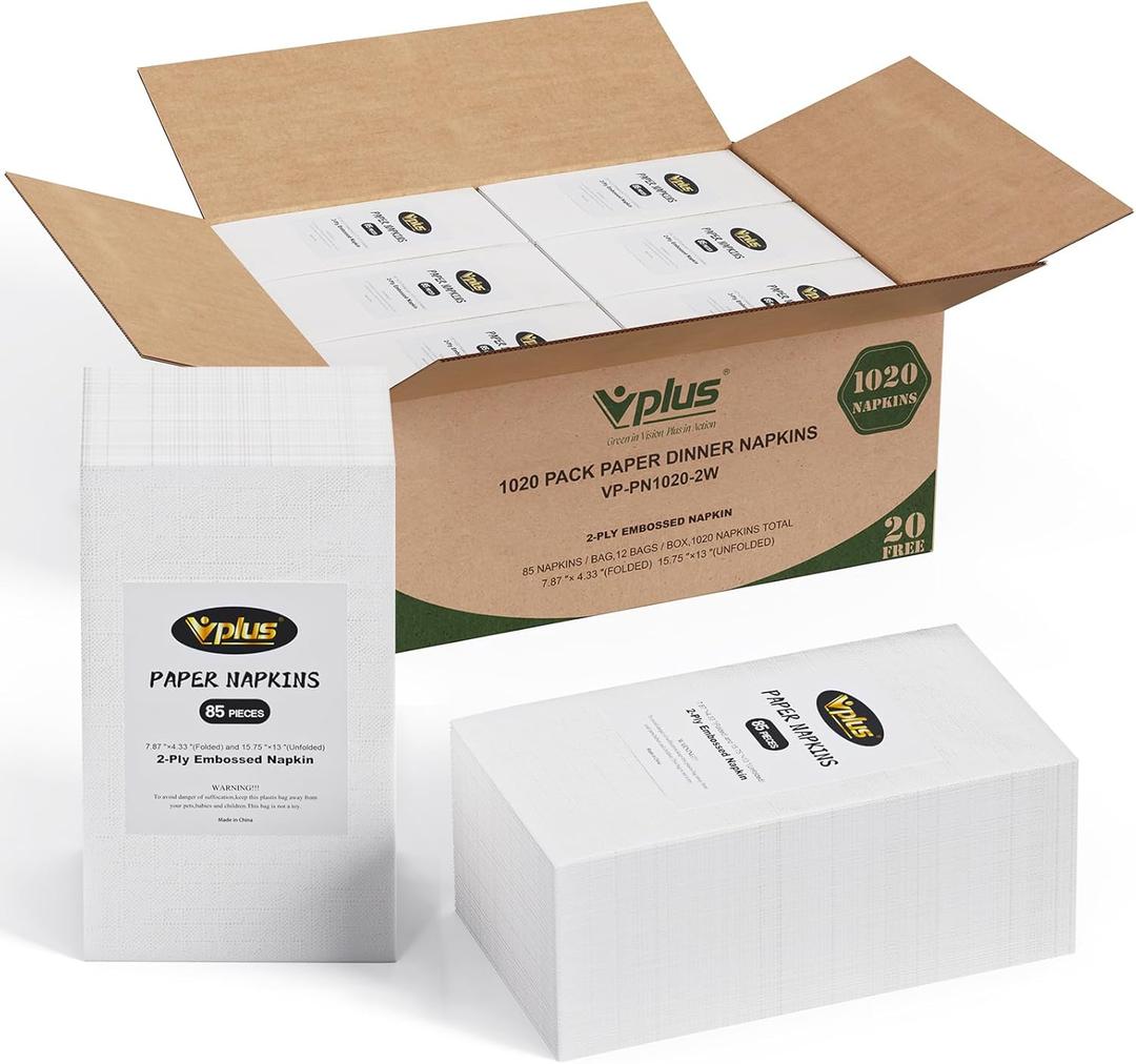 Vplus 1020 Pack Paper Napkins Guest Towels Disposable Premium Quality 2-ply Dinner Napkins Disposable Soft, Absorbent, Party Napkins Wedding Napkins for Kitchen, Parties, Dinners or Events(White)