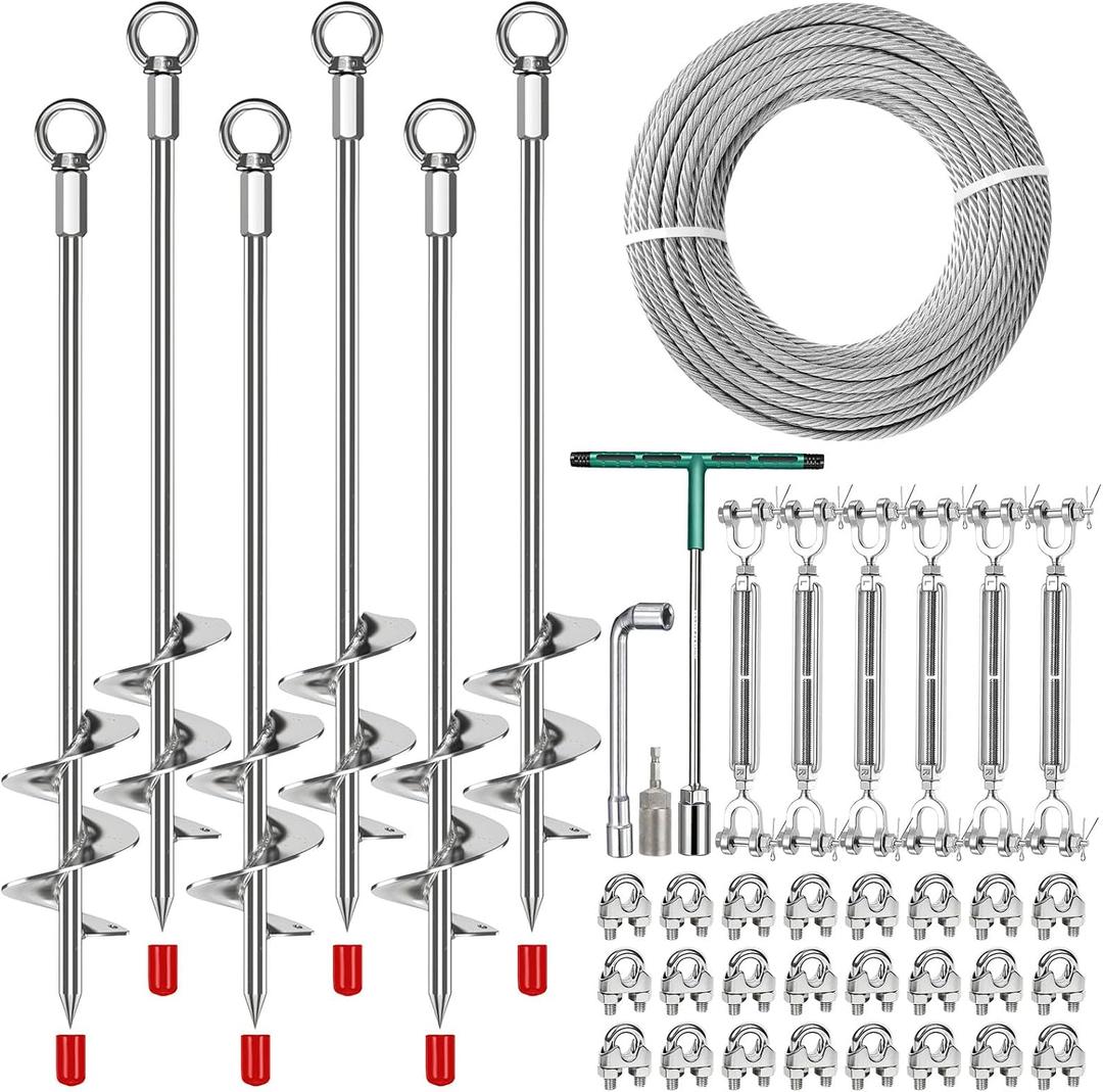 6Pcs 30" Ground Anchors Shed Anchors Kit with 3/16" 100FT Galvanized Cable & 304 SS Turnbuckles, Heavy Duty 12mm Solid Steel Earth Anchors, Fully Welded for Sheds Mobile Home Carports