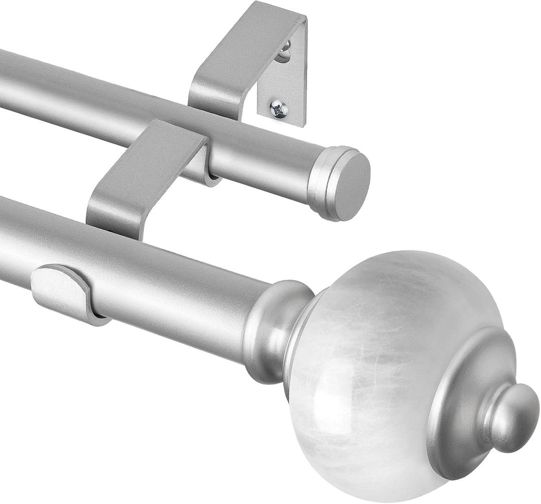 KAMANINA 1 Inch Silver Double Curtain Rods 72 to 144 Inches (6-12 Feet) Adjustable Heavy Duty Drapery Rod for Windows 66 to 120, Marble Ends
