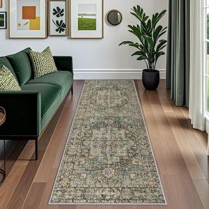 Washable Hallway Runner Rug 3x8: Green Non Slip Runner Rugs with Rubber Backing Soft Kitchen Rug Farmhouse Distressed Carpet Runner for Living Room Bedroom Bathroom (Green, 3X8)