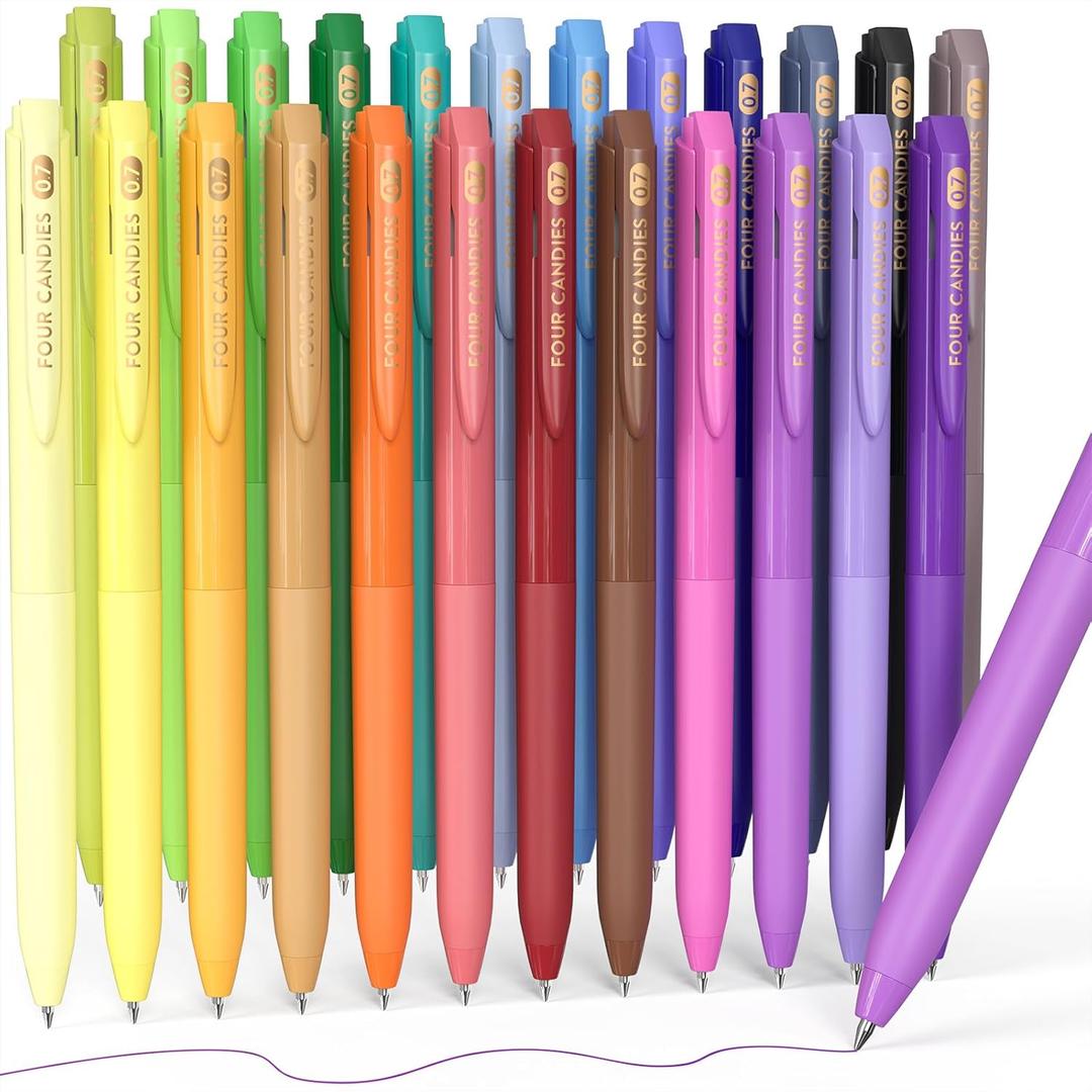 Four Candies Quick Dry Ink Colored Pens Set, 24 Colors Retractable Gel Pen, 0.7mm Fine Point Colorful Pens for Note Taking & Drawing, Colored Gel Pens with Comfort Grip for Office, School & Home