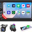 7'' Double Din Car Stereo with Wireless Apple CarPlay & Android Auto, Car Audio Receivers, IPS Touch Screen FM Radio, Mirror Link, Bluetooth 5.2, SWC, HD Backup Camera, GPS Navigation, TF/USB/AUX