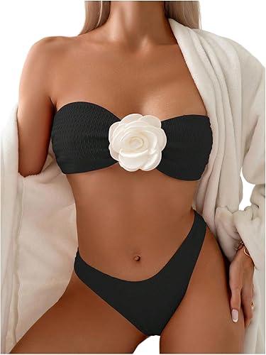 MakeMeChic Women's Two Piece Bikini Set 3D Flower Textured Strapless Bandeau Tie Back Bathing Suit S