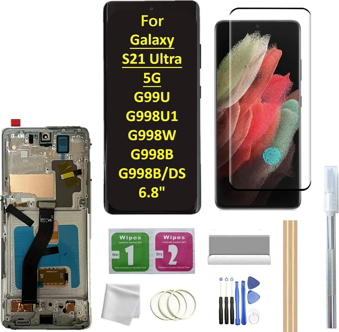 OLED Screen for Galaxy S21 Ultra LCD Screen with Frame Replacement for Samsung Galaxy S21 Ultra 5G G998U G998U1 G998W G998B G998B/DS 6.8" LCD Screen Display Touch Digitizer with Frame+Tool (Silver)