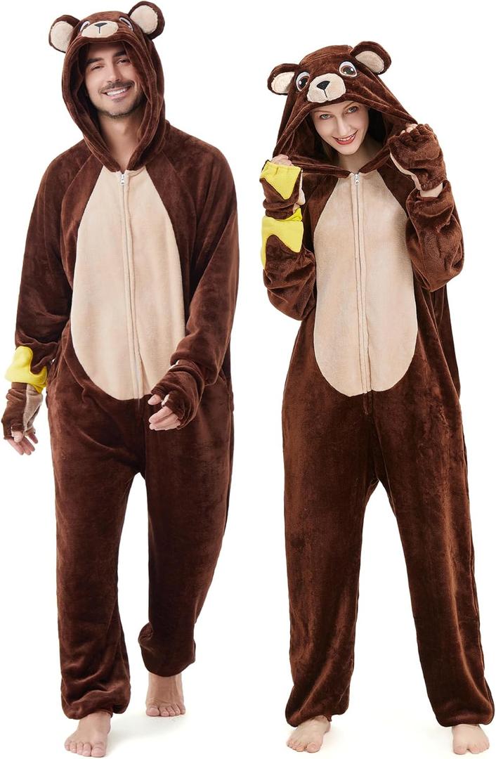 Ezuwail Unisex Animal Onesie for Adults,Cute Cosplay One Piece Pajamas, Soft Flannel Halloween Costume for Men and Women (Brown, S)