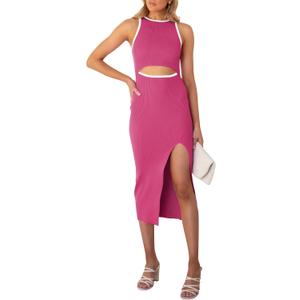 Pink Queen Women's Cutout Crew Neck Sleeveless Tank Slit Ribbed Bodycon Midi Dresses, Large