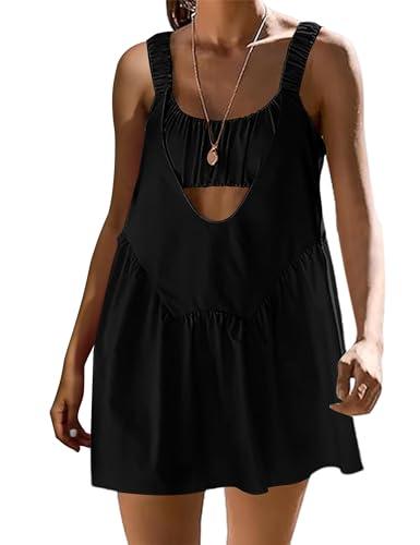 Ardrem Women Tennis Dress with Built in Shorts and Bra Summer Athletic Dresses Hot Shot Mini Dress Cut Out 2 Piece Outfits Black, Large
