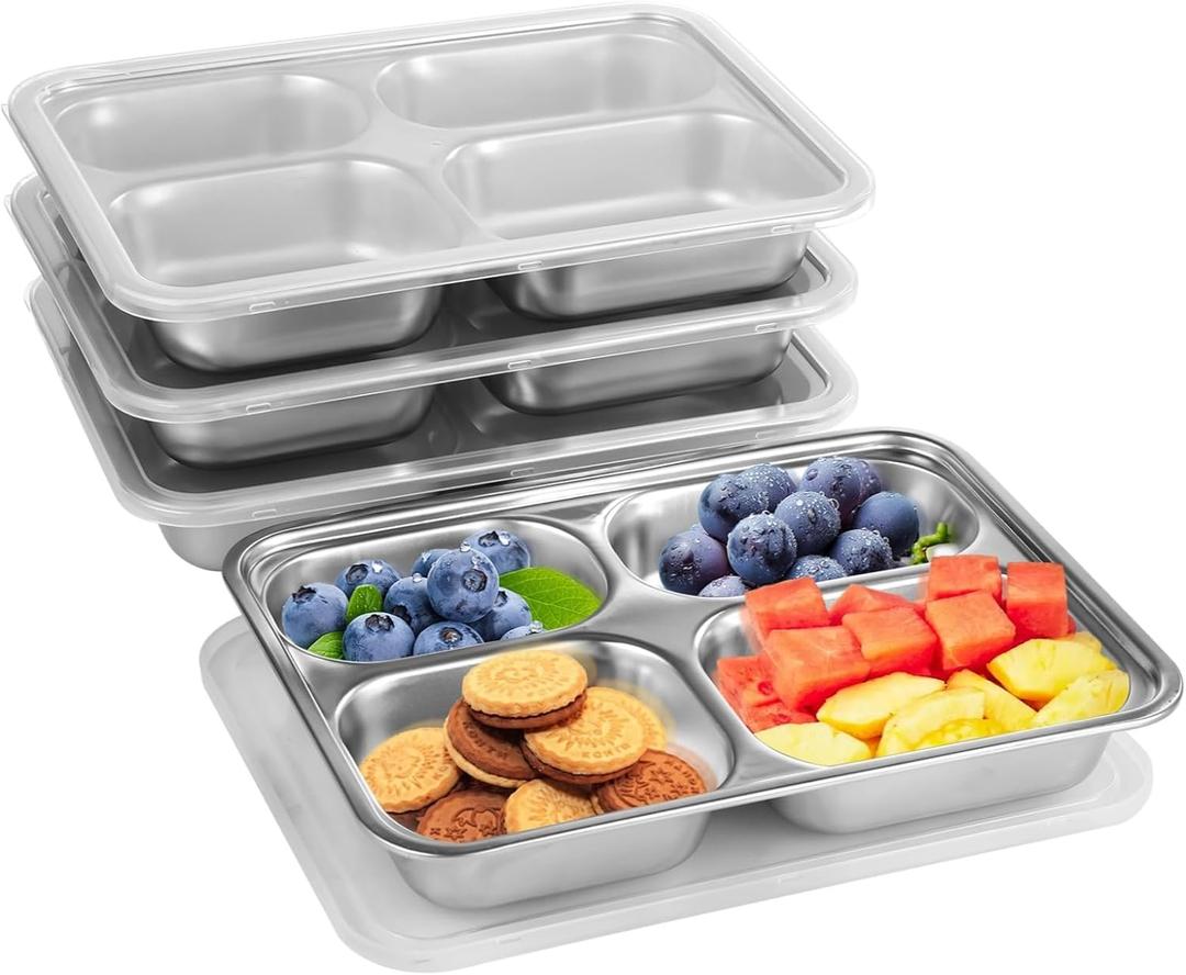 Homaisson Stainless Steel Snack Containers With Lids - 4 Pack - 4 Compartments Bento Snack Boxes, Divided Lunch Trays With Lids Reusable Bento Boxes Divided Food Storage Containers (Silver)