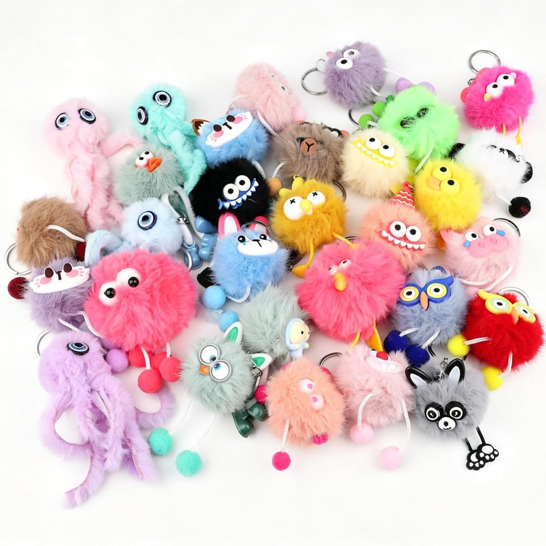 30 Pack Kawaii Plush Keychains Bulk, Cute Stuffed Animal Keychains for Birthday Party Favors, Goodie Bag Fillers, Carnival Prizes