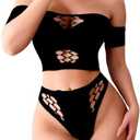 SweatyRocks Women's 2 Piece Fishnet Cut Out Lingerie Set Off Shoulder Babydoll Sexy Nightwear, Black