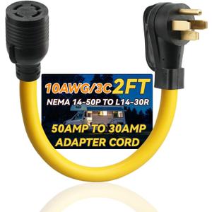 NEMA 14-50P to L14-30R Generator Adapter with 2FT Extension Cord, 50 Amp 4-Plug Male Plug to 30 Amp 4-Plug Female Plug for for RV campgrounds, Household Appliances(Yellow)