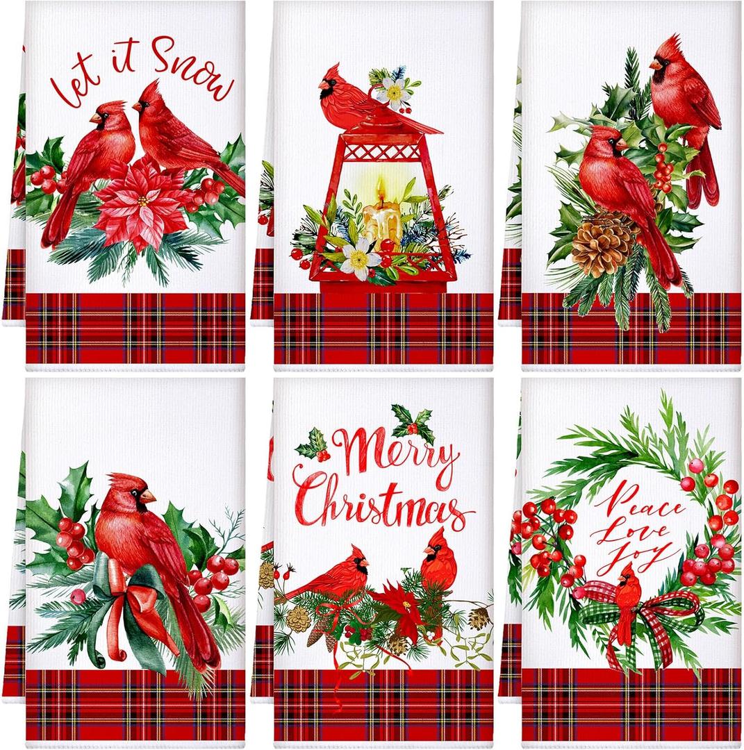 6 Pcs Christmas Kitchen Towels Cardinal Bird Christmas Hand Towels Xmas Bird pine cones Holly Branch Dish Towels Red Bird Christmas Tea Towels for Kitchen Bathroom Hotel Home Decor,16 x 24 Inches