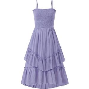 Sunny Spirit Girls Summer Dress for Tween Girl Teen Kids Sundress Maxi Boho Smocked Flowy 2-Way Layered Skirt 5-14 Years (Purple)