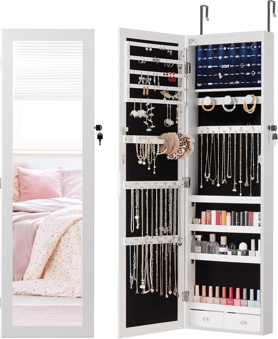 DUMOS 6 LEDs Mirror Jewelry Cabinet, Wall or Door Mounted Jewelry Organizer, 47.2-Inch Tall Lockable Large Capacity Cosmetic Storage, Gift Idea (White)