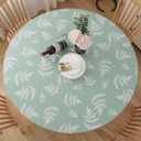 Round Vinyl Fitted Tablecloth, Waterproof Elastic Table Covers Wipeable Flannel Backed Tablecloths for Picnic Camping Indoor and Outdoor (Leaf,Green, Fits 57" to 65" Diameter Tables)