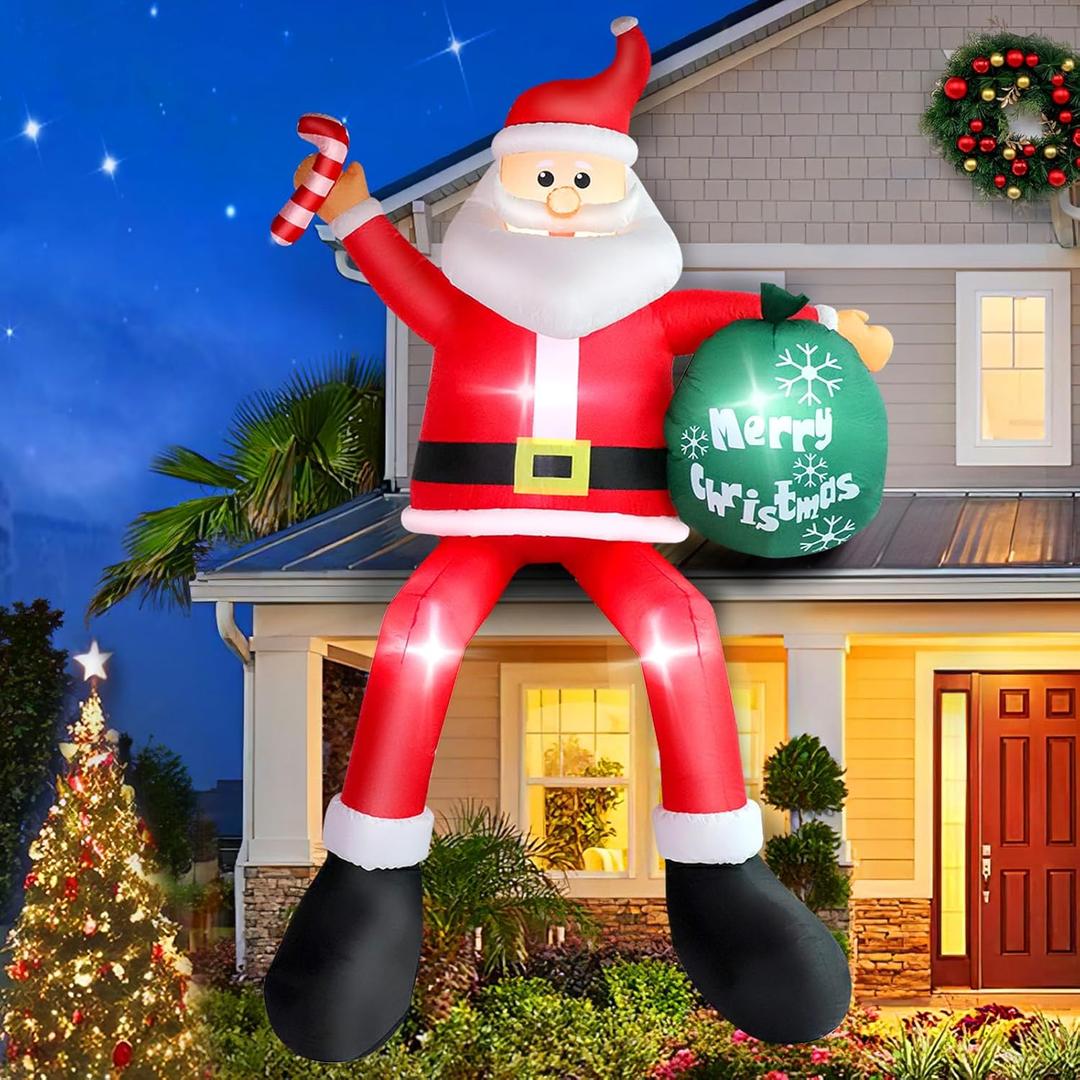 8 FT Christmas Inflatable Santa Claus Outdoor Decorations, Blow up Sitting Santa Claus with Gift Bag, Climbing Santa Carrying Present Sack Sitting on Roof, Xmas Yard Patio Bench Shrubs Indoor Decor
