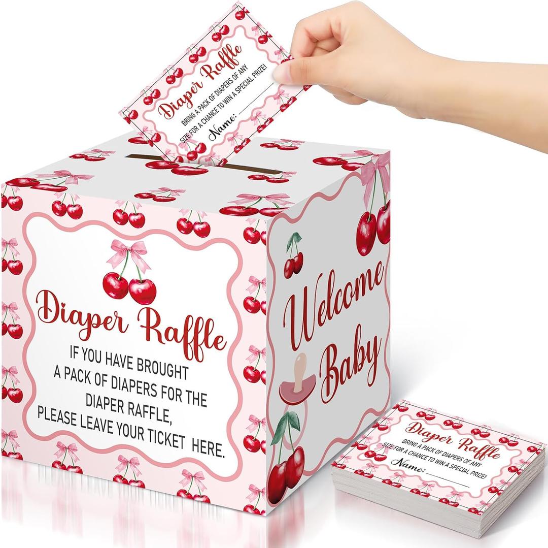 Teling 51 Pieces Diaper Raffle Tickets with Card Box Baby Shower Decorations Gender Reveal Holder Box for Girl Boy Diaper Raffle Party (Cherry Theme Pattern)